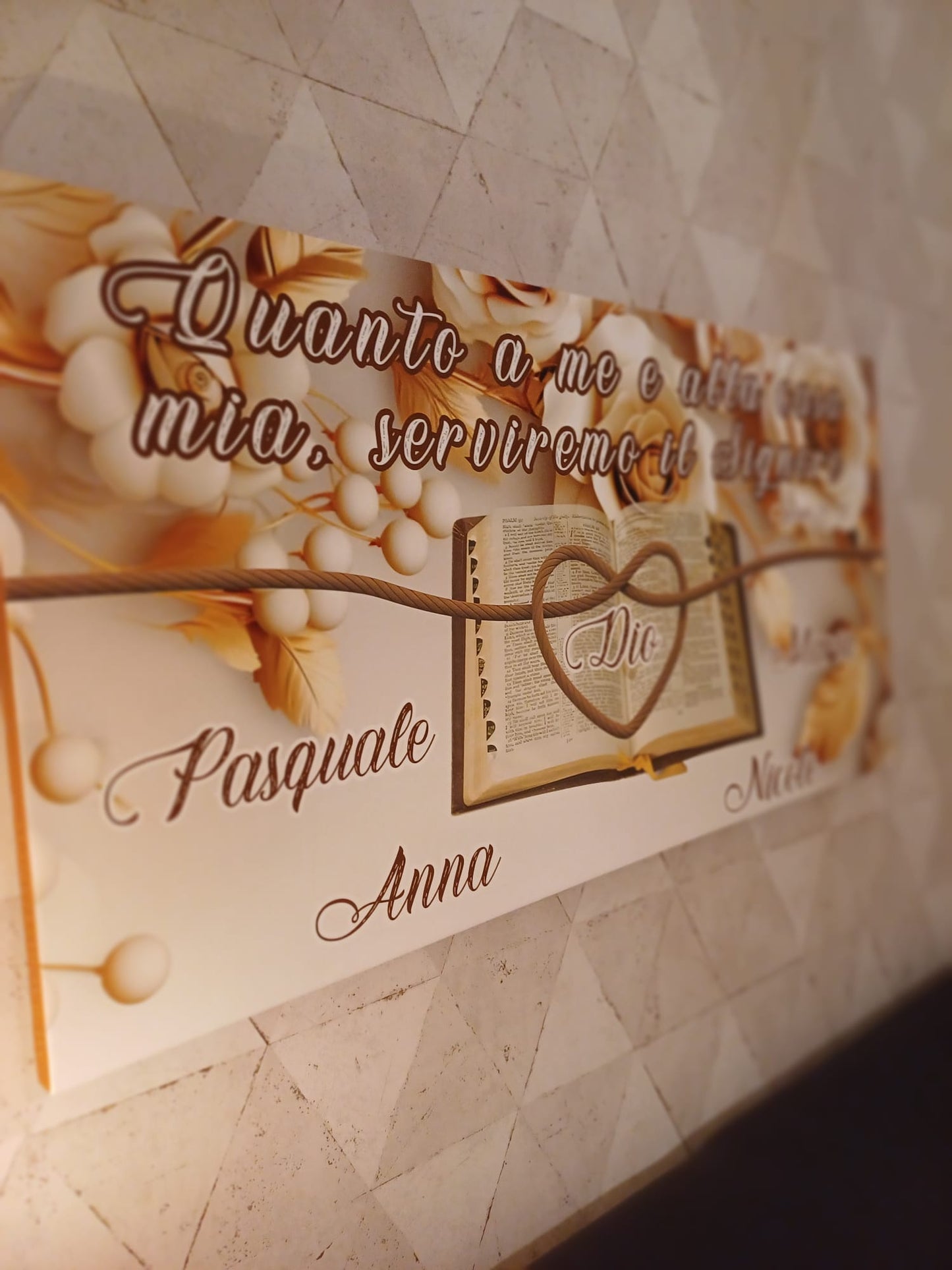 Stampa su tela personalizzata con nomi fiori dorati e Bibbia