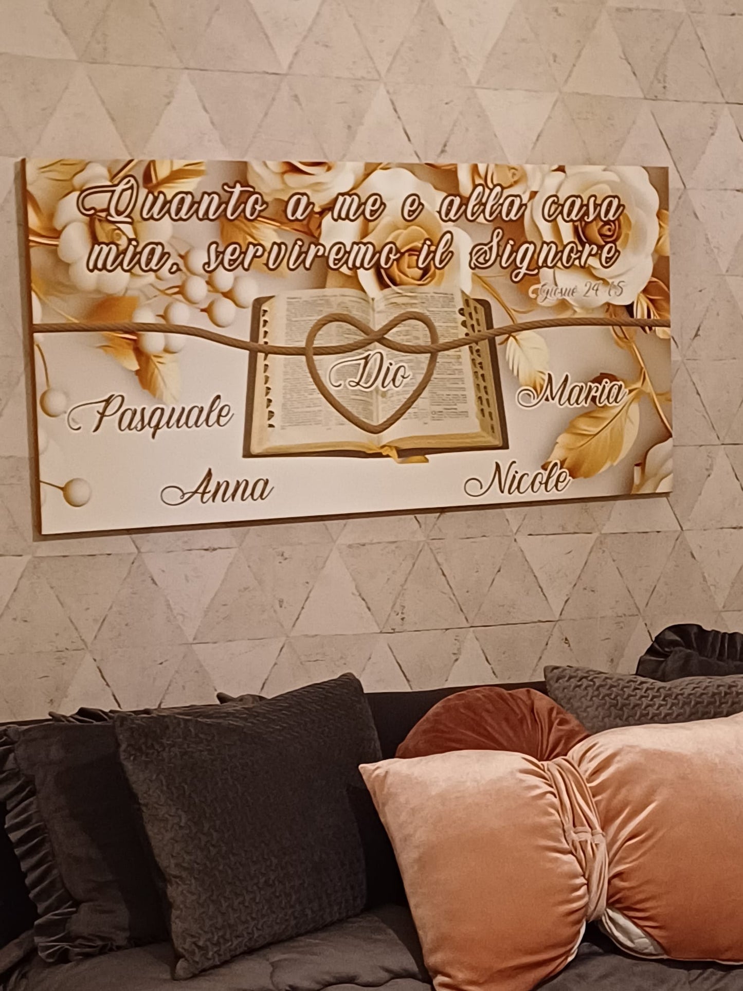 Stampa su tela personalizzata con nomi fiori dorati e Bibbia
