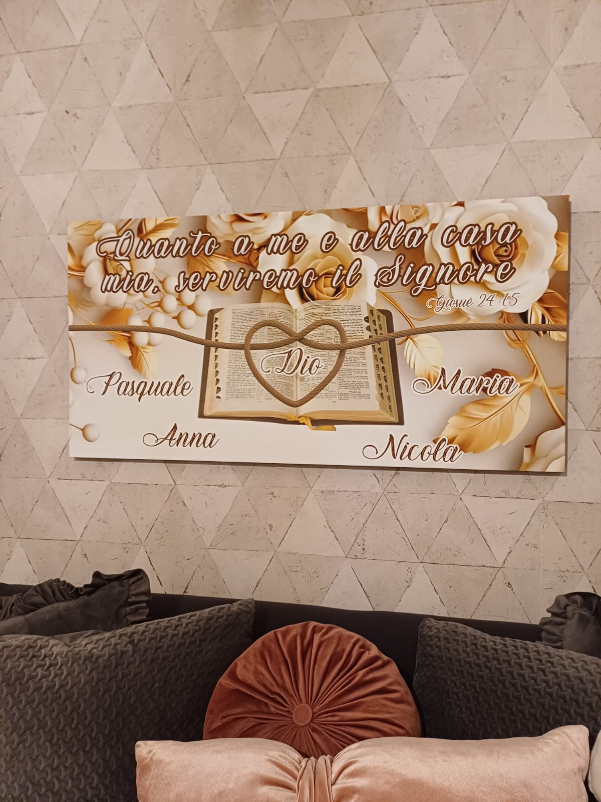 Stampa su tela personalizzata con nomi fiori dorati e Bibbia