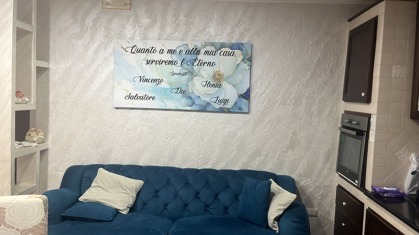 stampa su tela fiori azzurri e richiami oro personalizzabile con nomi e nel verso