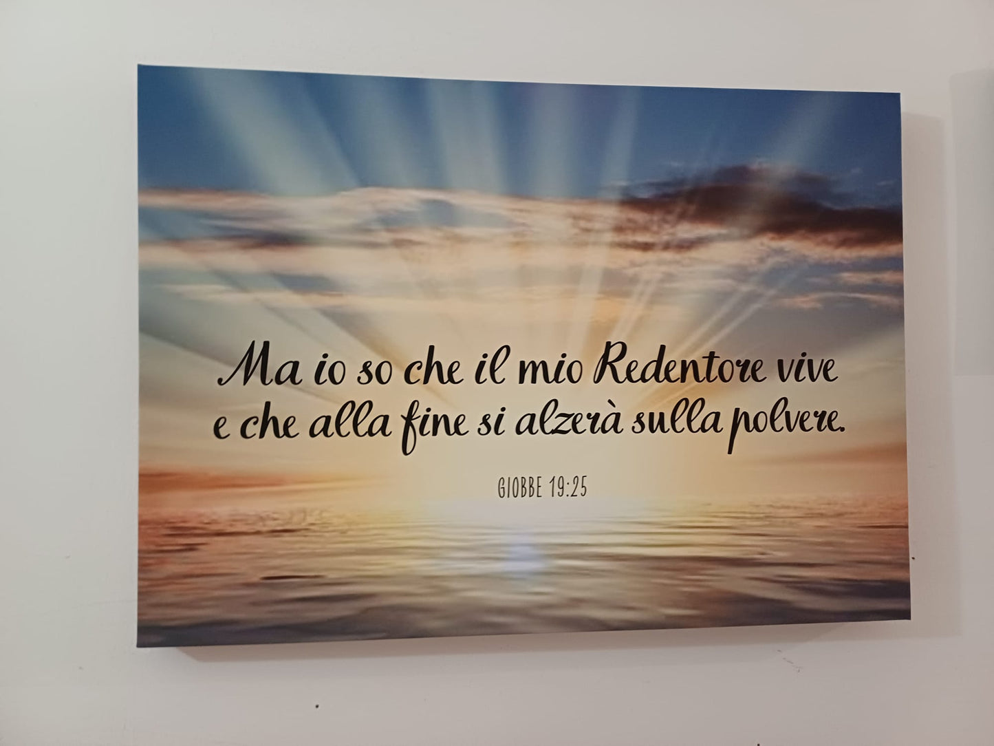 stampa su tela sfondo alba "Ma io so che il mio Redentore vive e che alla fine si alzerà sulla polvere" Giobbe 19:25