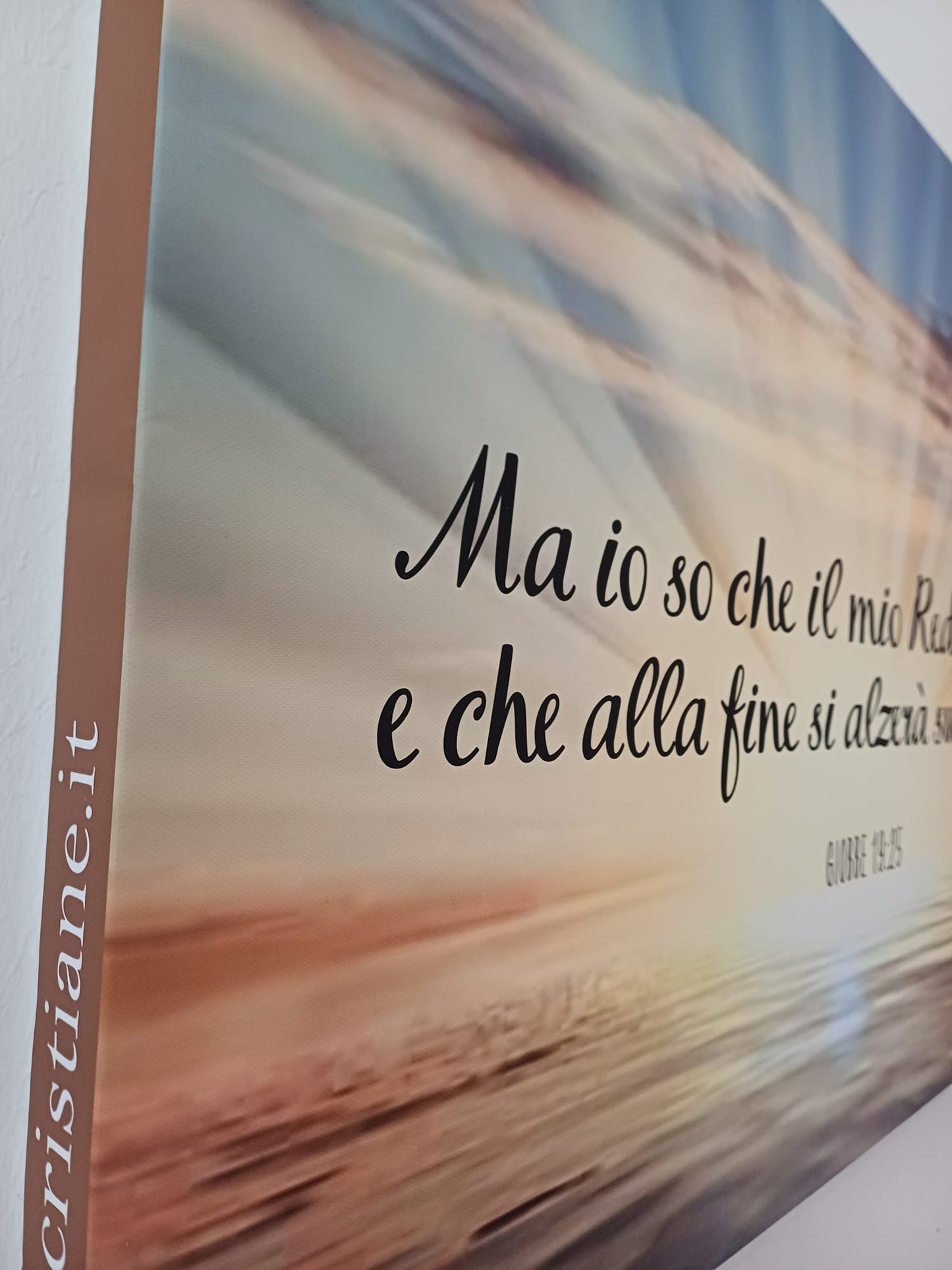 stampa su tela sfondo alba "Ma io so che il mio Redentore vive e che alla fine si alzerà sulla polvere" Giobbe 19:25