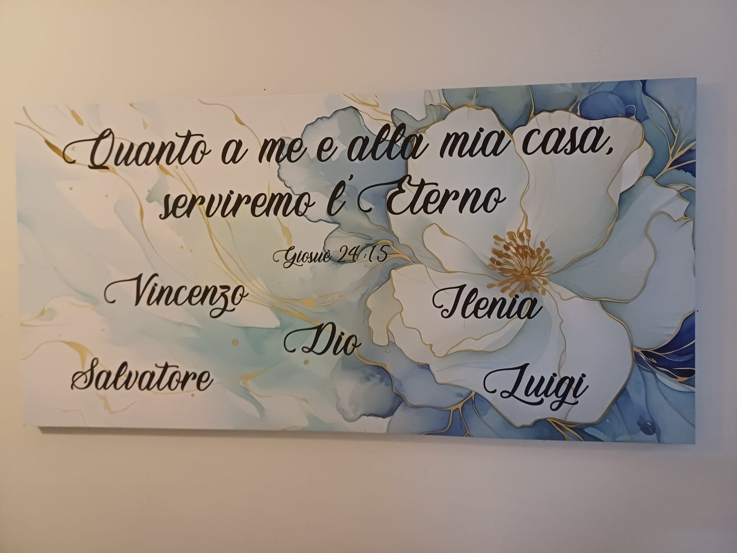 stampa su tela fiori azzurri e richiami oro personalizzabile con nomi e nel verso