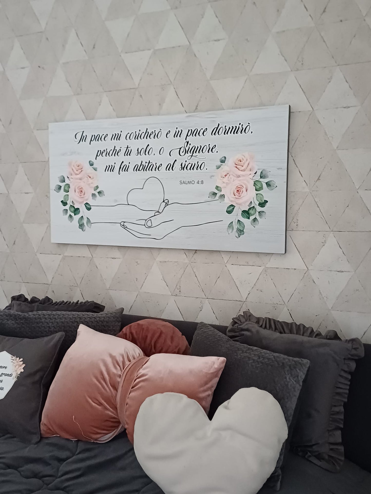 Stampa su tela Salmo 4:8 mani con cuore