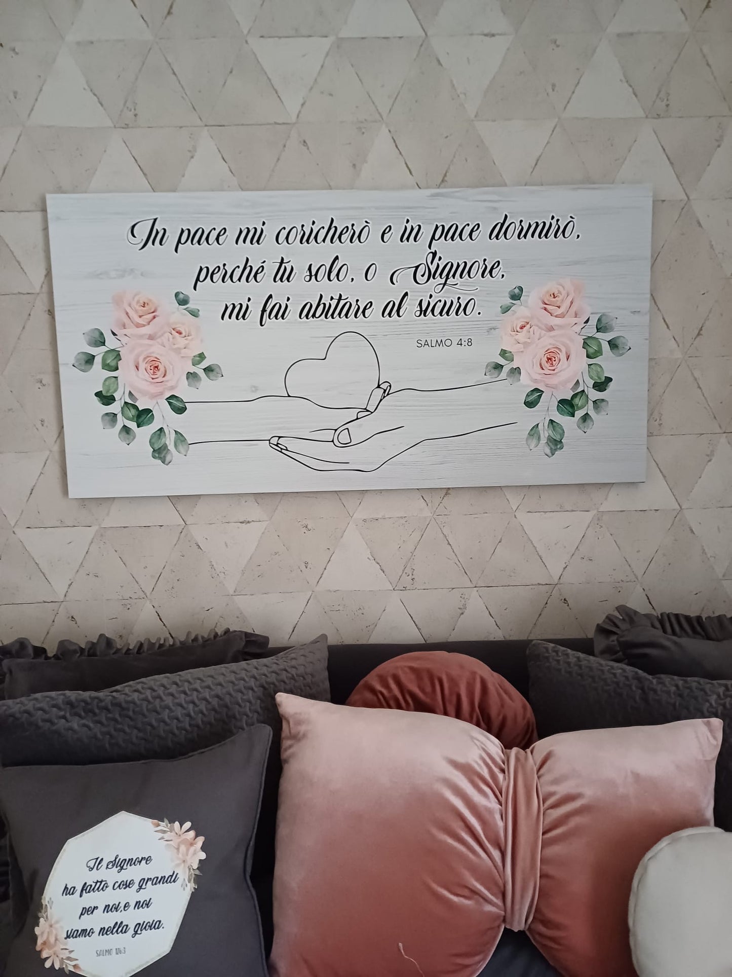 Stampa su tela Salmo 4:8 mani con cuore
