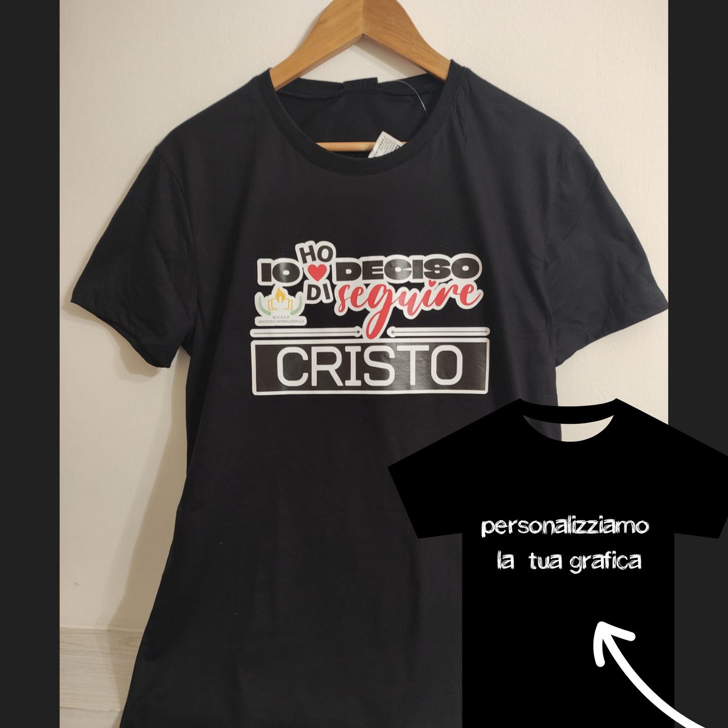 t-shirt personalizzabile con messaggio e logo della tua chiesa ho deciso di seguire Cristo