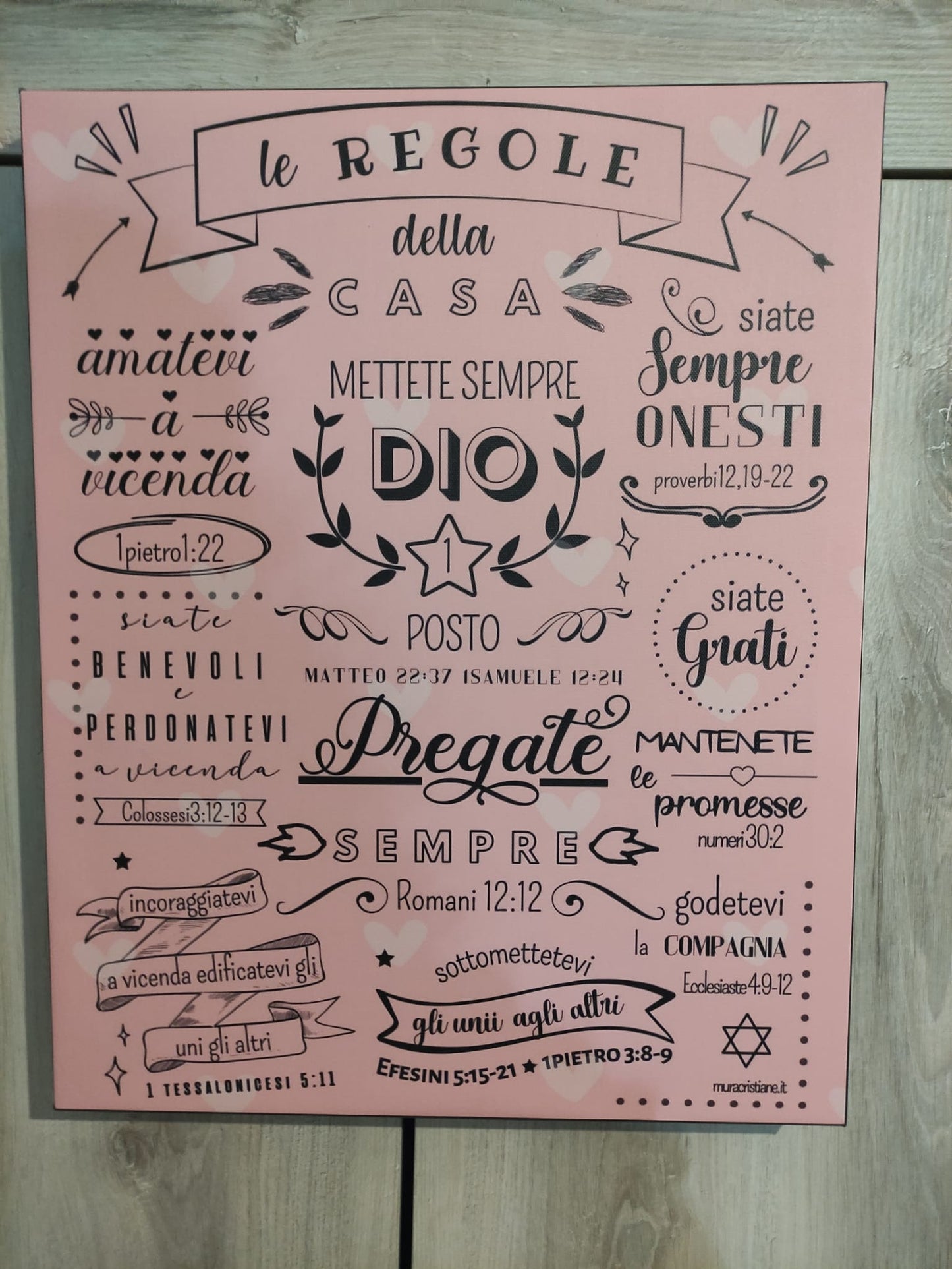 quadro in tela varie misure "LE REGOLE DELLA CASA DI DIO" sfondo colore rosa cuori bianchi