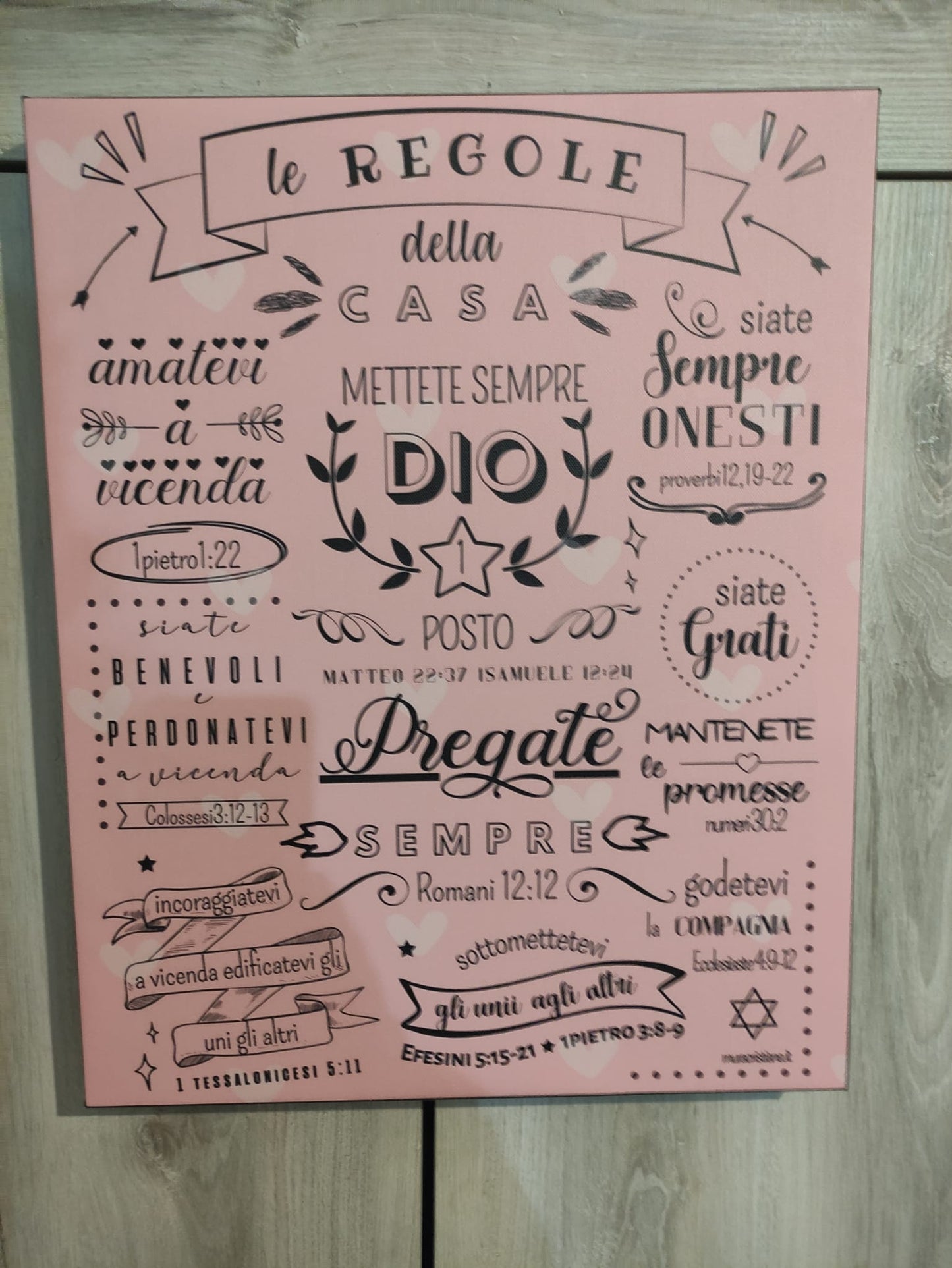 quadro in tela varie misure "LE REGOLE DELLA CASA DI DIO" sfondo colore rosa cuori bianchi