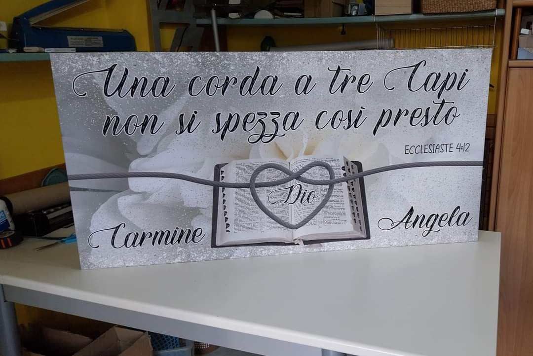 stampa su tela "UNA CORDA A TRE CAPI " Bibbia grigia effetto glitter