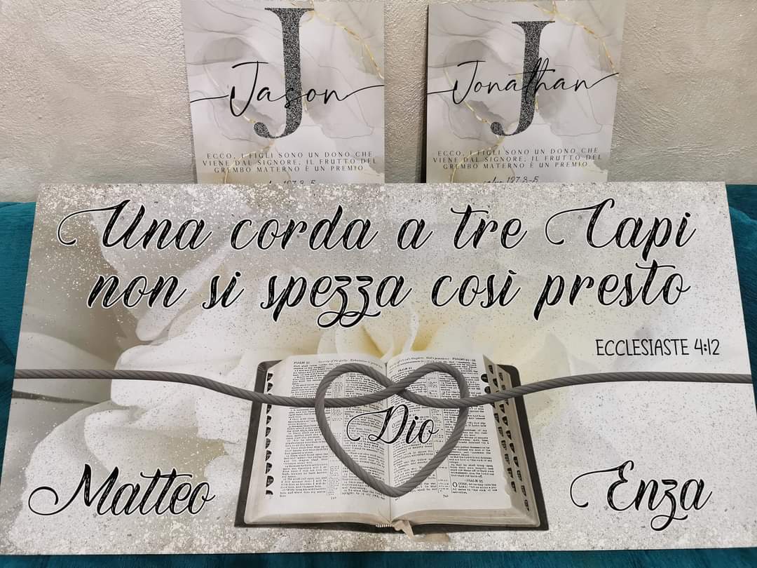 stampa su tela "UNA CORDA A TRE CAPI " Bibbia grigia effetto glitter