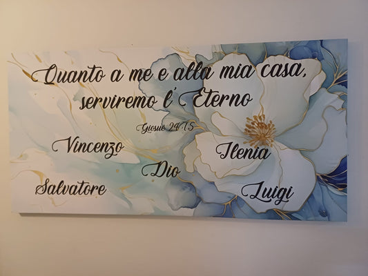 stampa su  tela fiori  azzurri  e richiami oro personalizzabile con nomi e nel verso