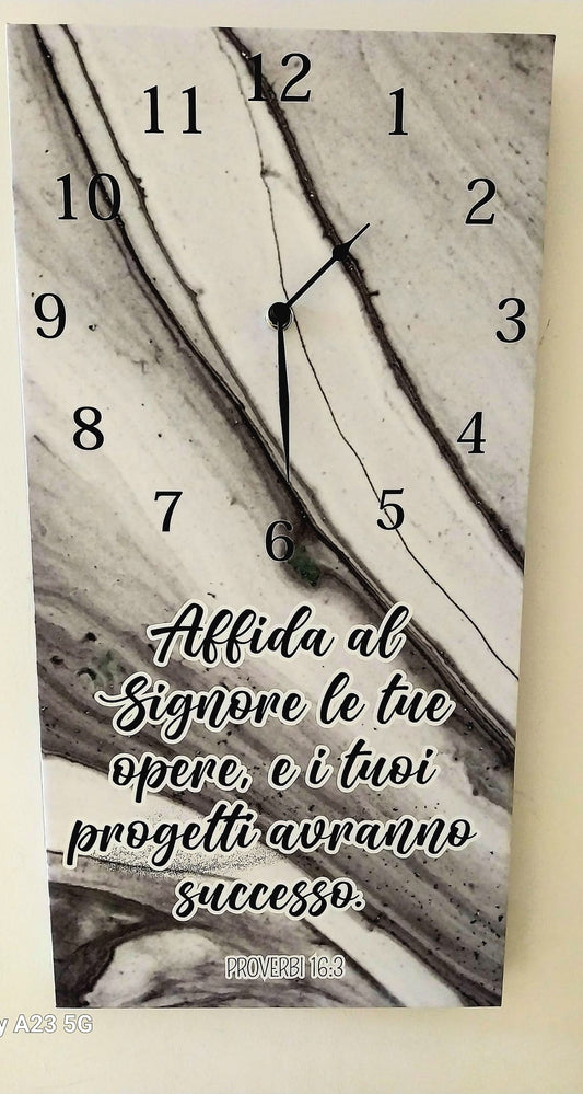 orologio da parete  rettangolare 30x60cm Marmo Grigio Proverbi 16:3